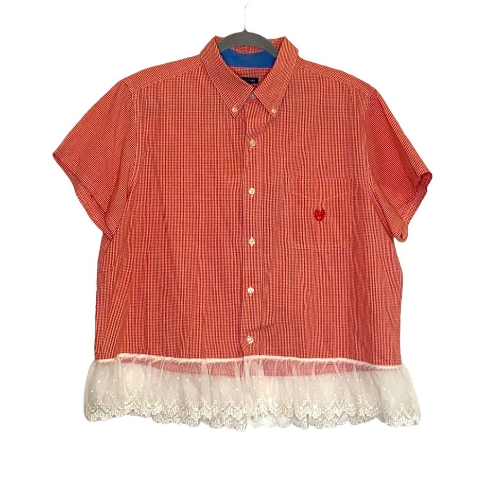 Chaps Women's Red & White Check Print Cropped Button Down Shirt Lace Trim Large